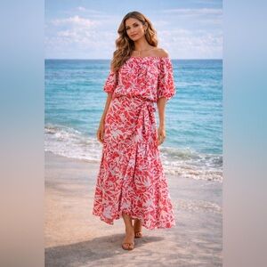 NWT Tyler Boe 2-piece set coral matching floral blouse & faux wrap skirt ~ large
